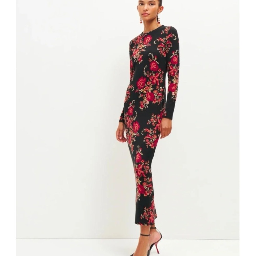 Reformation Black Red Tommie Knit Floral Dress Long Sleeve Maxi Tencel Stretch S
